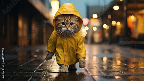 A cat in a yellow coat is walking