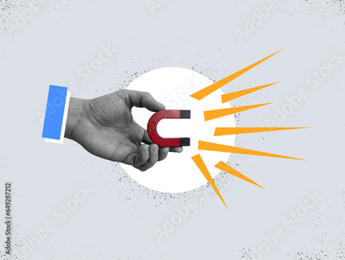 Konstfotografi Collage with hand holding a magnet. Customer acquisition.
