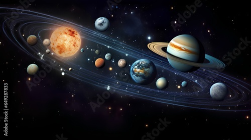 a solar system filled with many planets and stars.