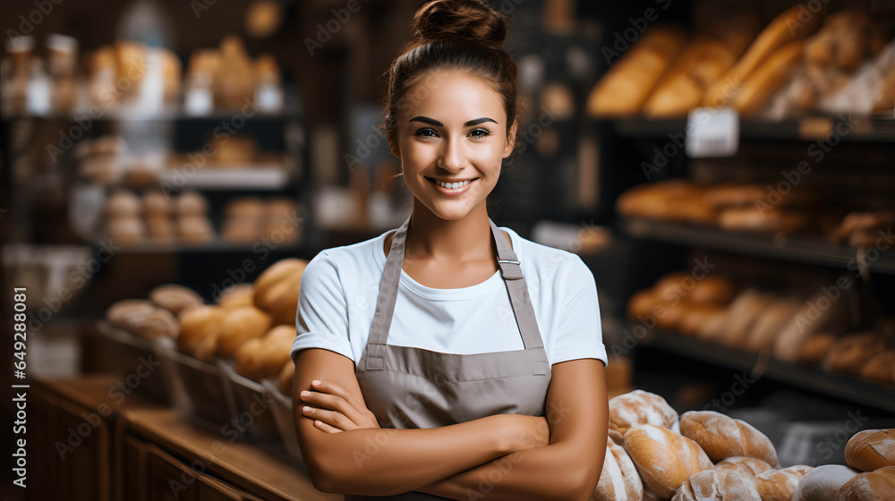 Portrait of happy female employee in apron standing in front of her own Bakery shop, smiling pretty baker standing confident with arms crossed in front of store