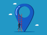 Business idea. man climbs stairs on location icon. Vector