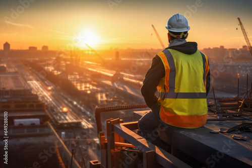 engineer wearing protective cask and yellow vest looks at the construction site from top in background of building crenes and beautiful sunset sky. concept for construction work and management.