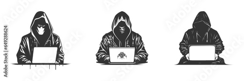 Hacker silhouette. Ьan in a hood working at a laptop. Vector illustration.