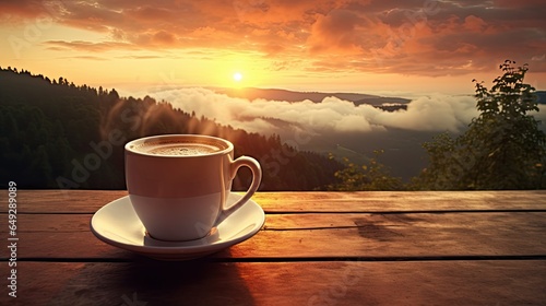 A cup of coffee with the sun setting behind it
