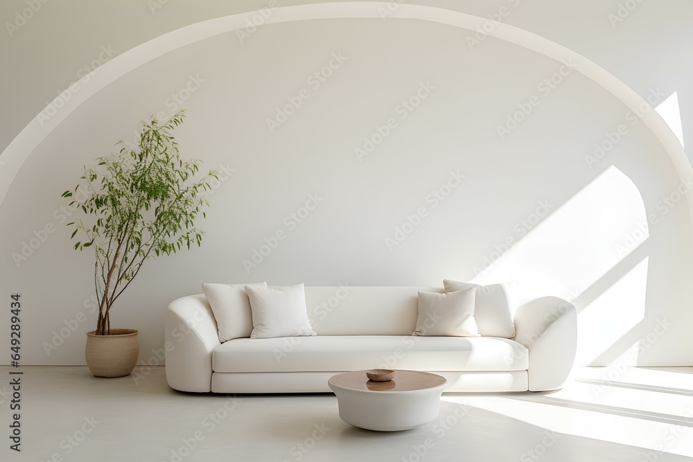 Curved white sofa in room with arch on the wall. Minimalist home interior design of modern living room. generative AI Curved white sofa in room with arch on the wall. Minimalist home interior design of modern living room. generative AI