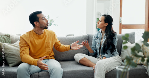 Bild auf Leinwand Couple, fight and conflict on sofa for divorce, argument and moody breakup at home