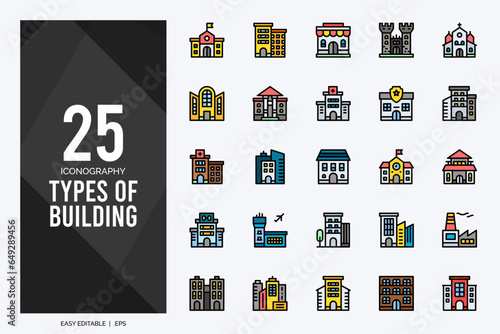 25 Types Of Building Lineal Color icons pack. vector illustration.