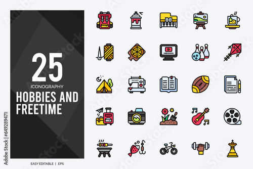 25 Hobbies and Freetime Lineal Color icons pack. vector illustration.