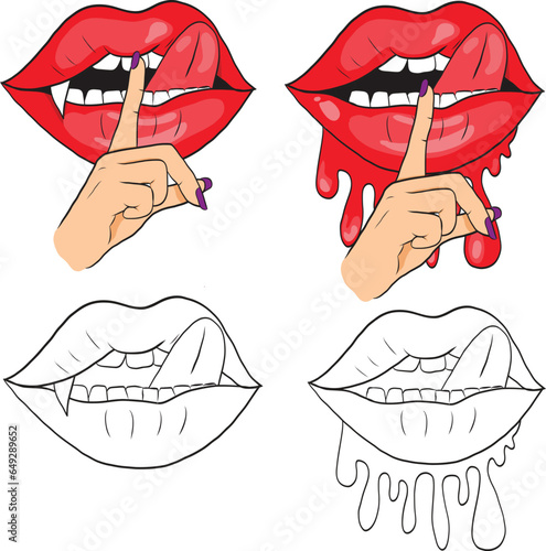 Set of sexy woman's lips with hand  finger silence, shh hand on lips, vampire driping sexy lips, Halloween, female sexy lips line style.