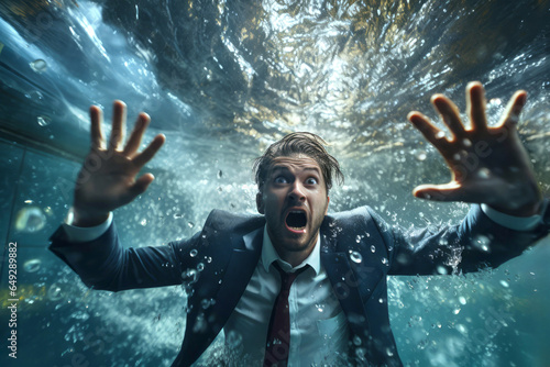 Stressed and desperate businessman underwater at workplace, suffering from burnout, sinks due to excessive work, mental load, economic crisis, bankruptcy, depression and recession - Panic on Finance
