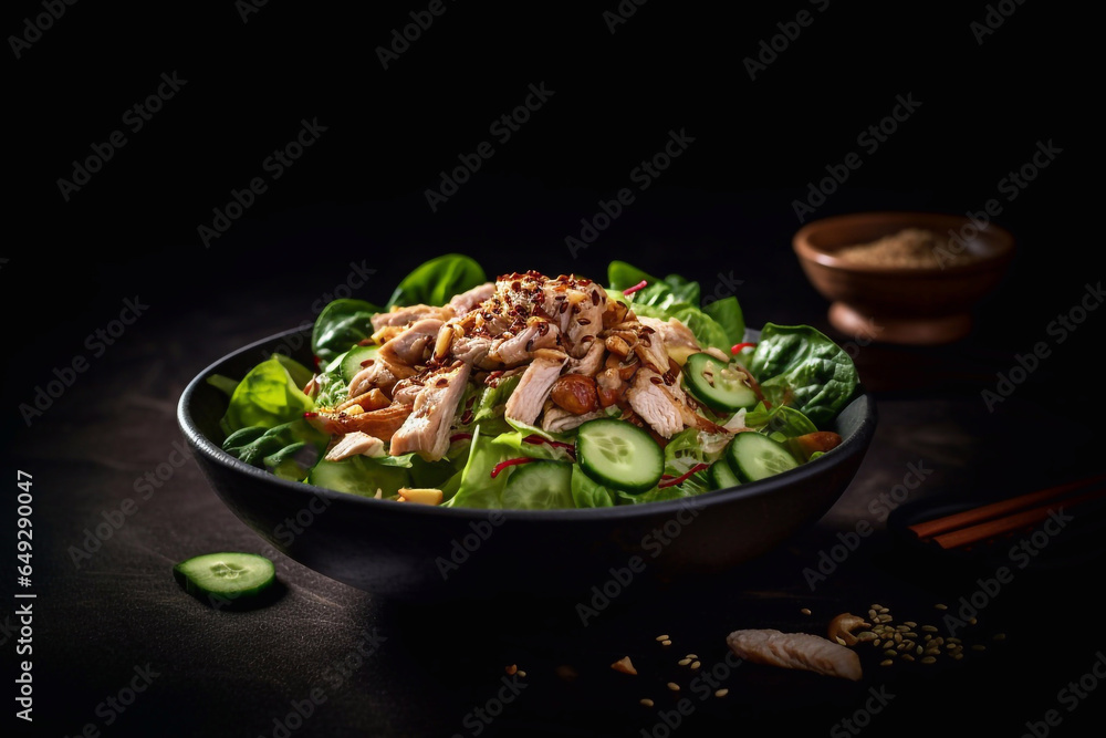 Asian salad with chicken, cucumber and sesame on a black background. Generative AI. Asian salad with chicken, cucumber and sesame on a black background. Generative AI.