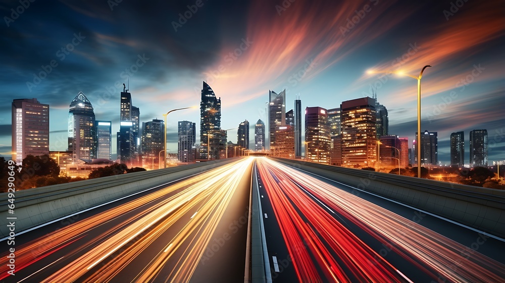Fototapeta premium Abstract speeding or fast Motion blur of a highway overpass road, Long exposure to a speedy night drive in a big city skyline at night.