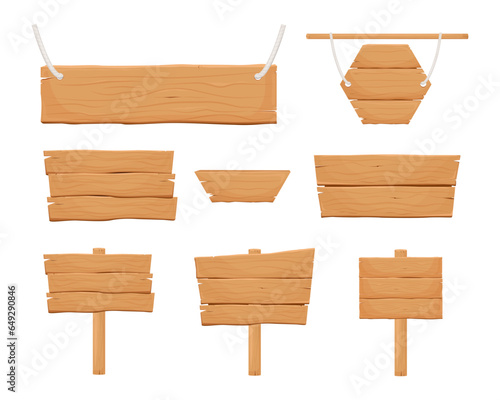 Wooden banners, set of information boards, templates of billboards, rural announcement signs. Vector cartoon collection of wooden texture backgrounds.