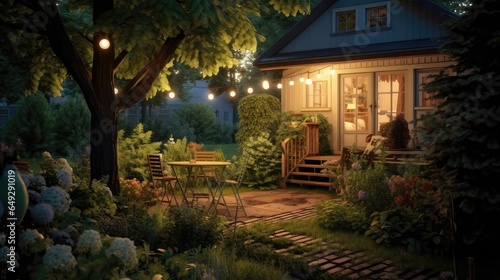 Summer Evening at a Picturesque Suburban House Patio. Garden Lights Aglow