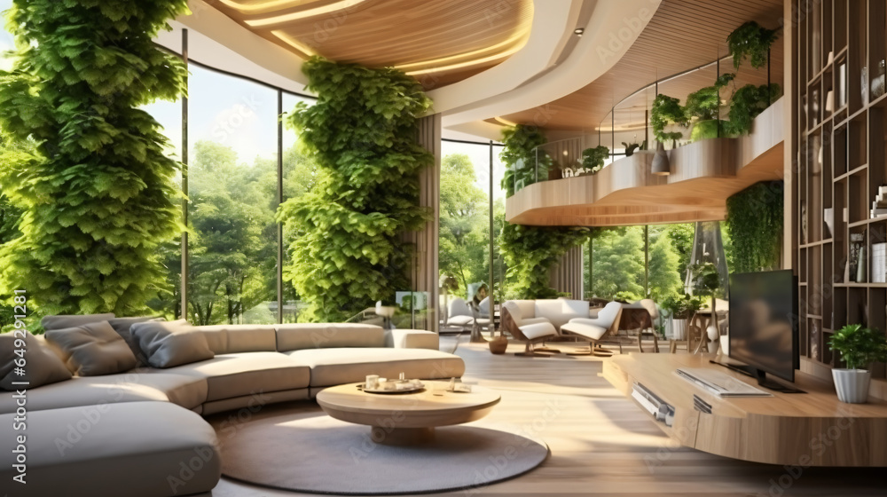 Modern ECO home interior design with garden decor