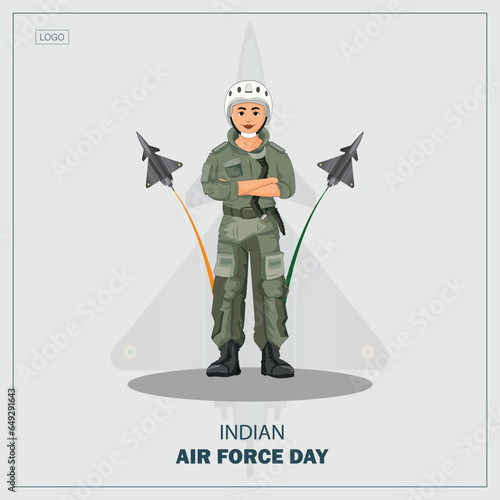 Proud of India, Creative illustration of Three Indian Women Fighter Pilots and Fighter Plane on Glossy National Flag Colour background, Vector illustration for Happy Air Force Day.
