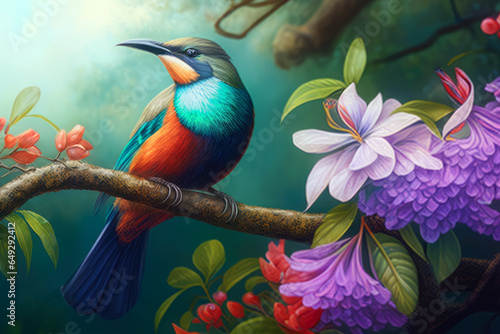 Exotic bird on branch with blooming flowers. Generative AI © SergeyIT