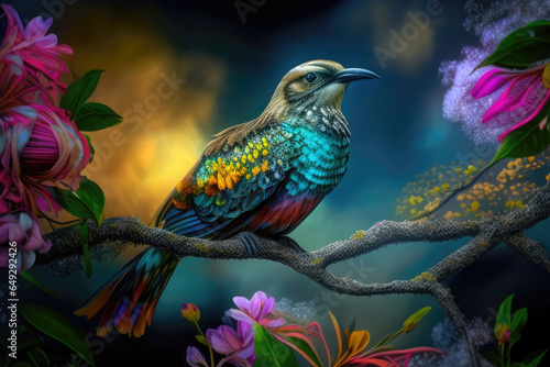Exotic bird on branch with blooming colorful flowers. Generative AI © SergeyIT