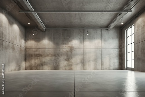 Spacious empty hall with a light concrete floor, white decorated wall, and grey ceiling with airy holes. Generative AI
