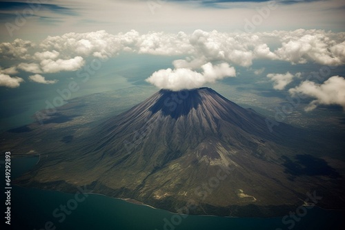 Bird's-eye view of volcano amidst lake and clouds. Generative AI © Daniel