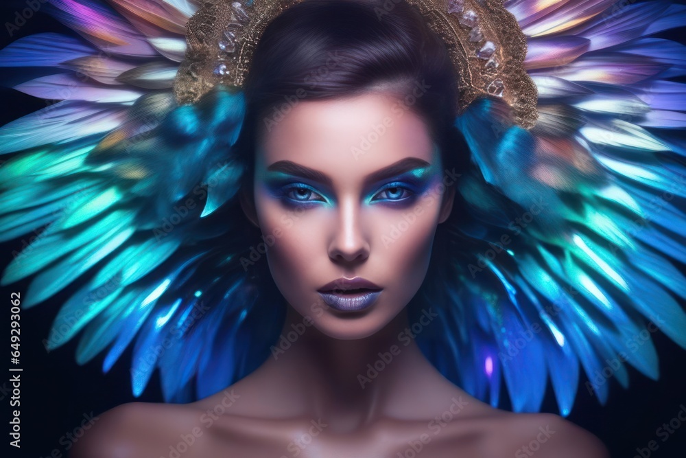 Charming fashion art portrait of mysterious female model, in bright