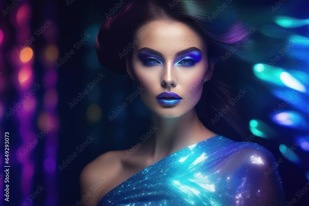 Charming fashion art portrait of mysterious female model, in bright