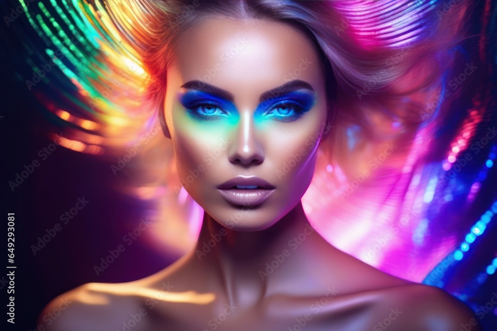 Charming fashion art portrait of mysterious female model, in bright radiating combinations of neon shades and glow lighting effects. Generative AI