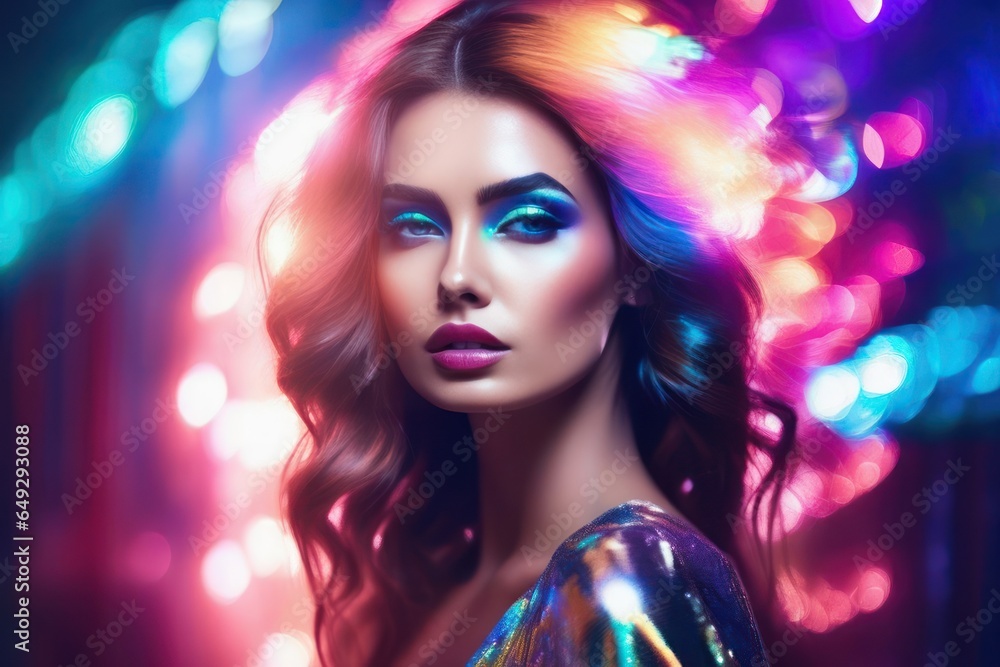 Charming fashion art portrait of mysterious female model, in bright