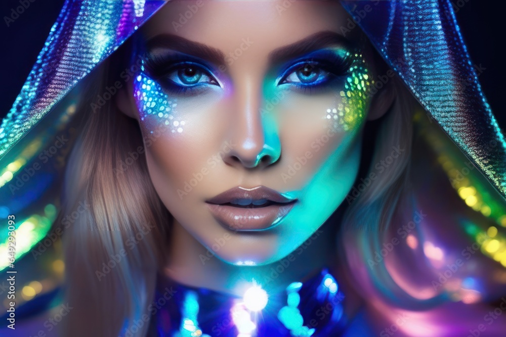 Charming fashion art portrait of mysterious female model, in bright