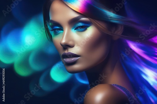 Charming fashion art portrait of mysterious female model, in bright radiating combinations of neon shades and glow lighting effects. Generative AI