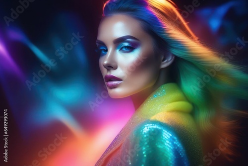 Charming fashion art portrait of mysterious female model, in bright radiating combinations of neon shades and glow lighting effects. Generative AI © Vitaliy