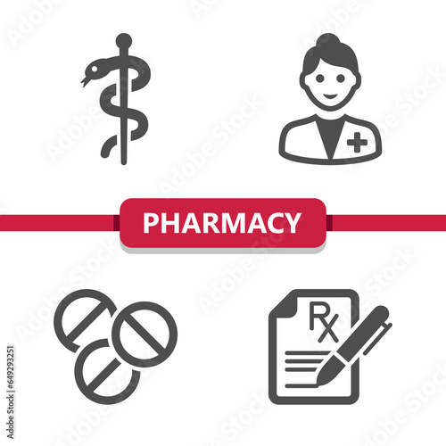 Pharmacy Icons. Pharmacist, rod of Asclepius, pills, prescription vector icon.
