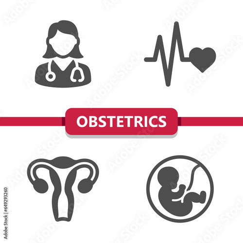 Obstetrics And Gynecology Icons. Doctor, heartbeat, uterus, baby, fetus, birth vector icon