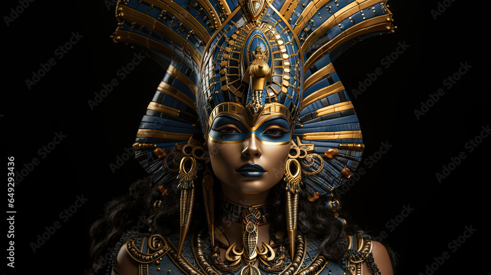 Ancient Egyptian woman with golden mask on black background.