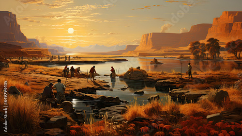 People working on river at Aswan landscape on the way to The Great Sphinx.