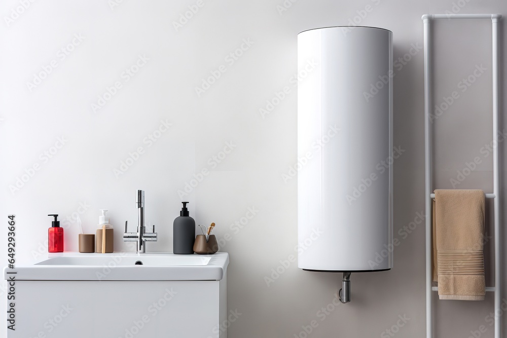 White modern gas or electric water and space heater mounted on the wall