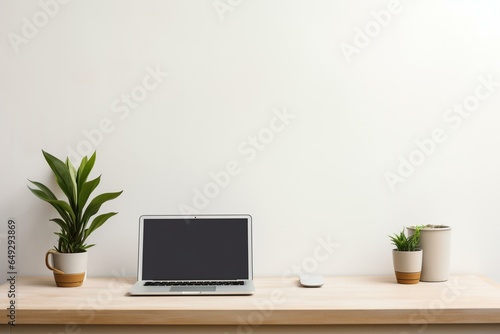 Minimalistic home office with laptop, coffee, and succulent. Generative AI