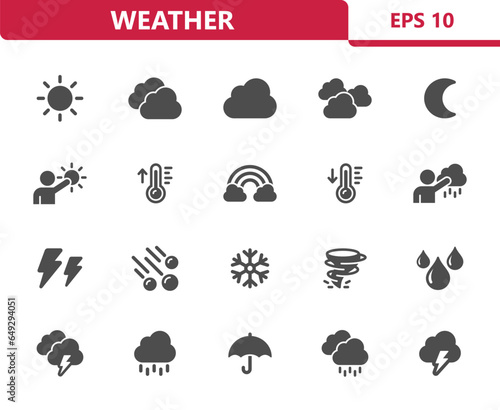 Weather Icons - Forecast, Sun, Moon, Cloud, Raining, Storm vector icon set