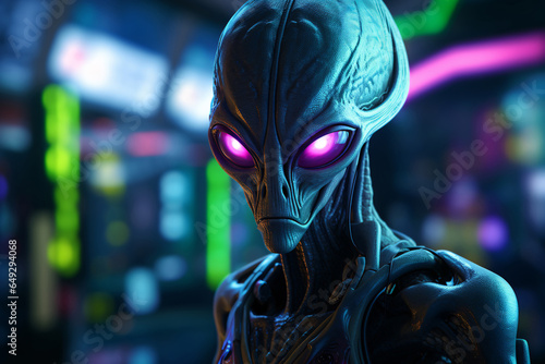 Gray alien with a neon lit face in a spaceship. Humanoid creature. Closeup gray monster alien. Extraterrestrial character. Extraterrestrial technology. Futuristic science fiction.