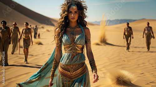 Beautiful arab woman in the middle of the dunes of the Sahara desert.