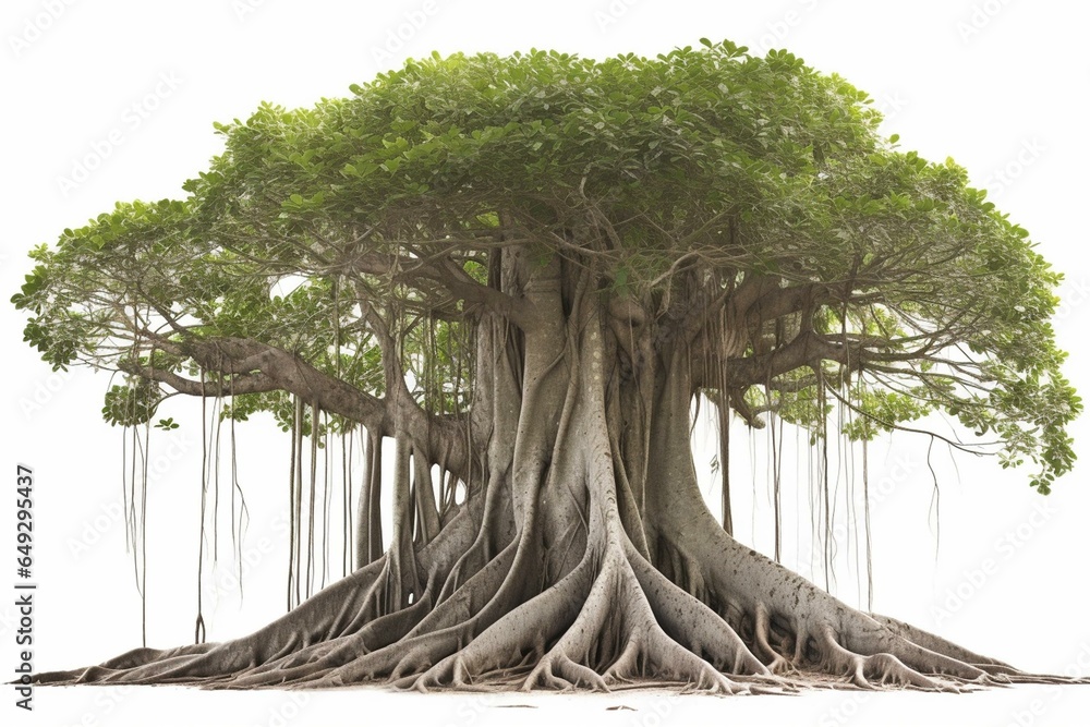 Banyan tree with distinct aerial roots against a blank background ...