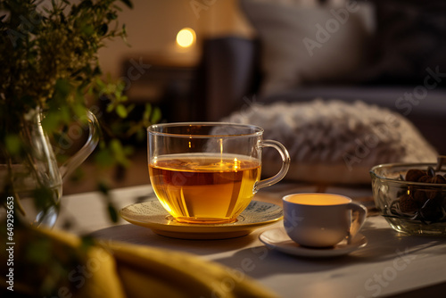 Hot mug tea. A glass of tea with decorative dishes.