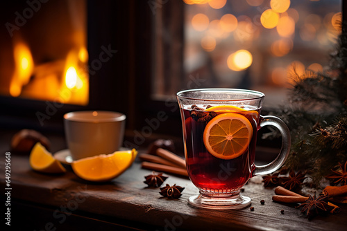 Cup of autumn or winter mulled wine or gluhwein with spices and orange slices