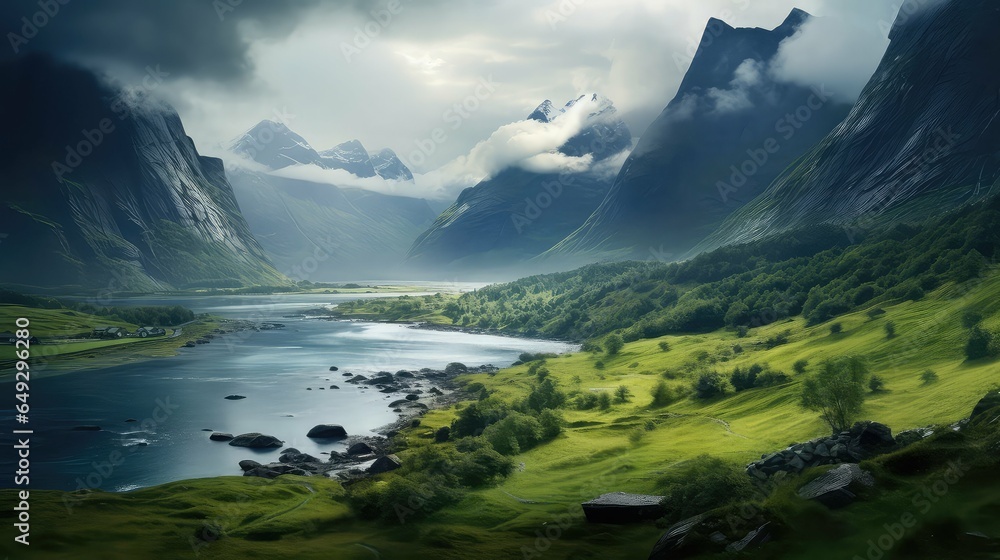 mountain norwegian fjords dramatic illustration water scandinavia, coast fjord, nordic north mountain norwegian fjords dramatic - obrazy, fototapety, plakaty 