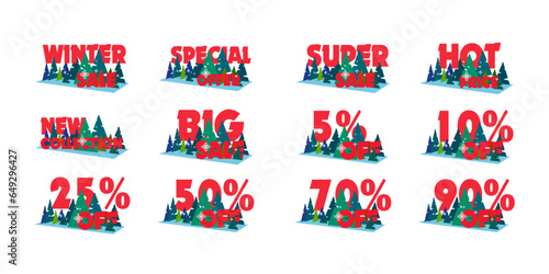 Set of winter sale icons. Collection of badges. Beautiful price tags vector illustration