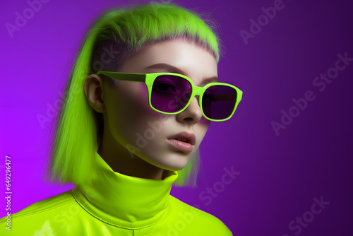 Colorful studio portrait of a cool teenager girl with age specific outfit and accessories. Bold, vibrant and minimalist. Generative AI