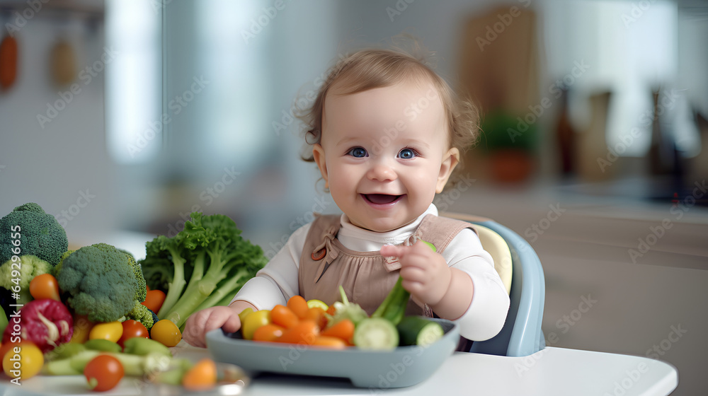 A small smiling child with a variety of vegetables and a full meal on the background of the kitchen. A small smiling child with a variety of vegetables and a full meal on the background of the kitchen.