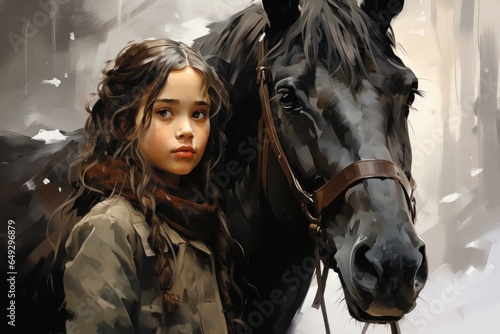 portrait of a girl with a black horse