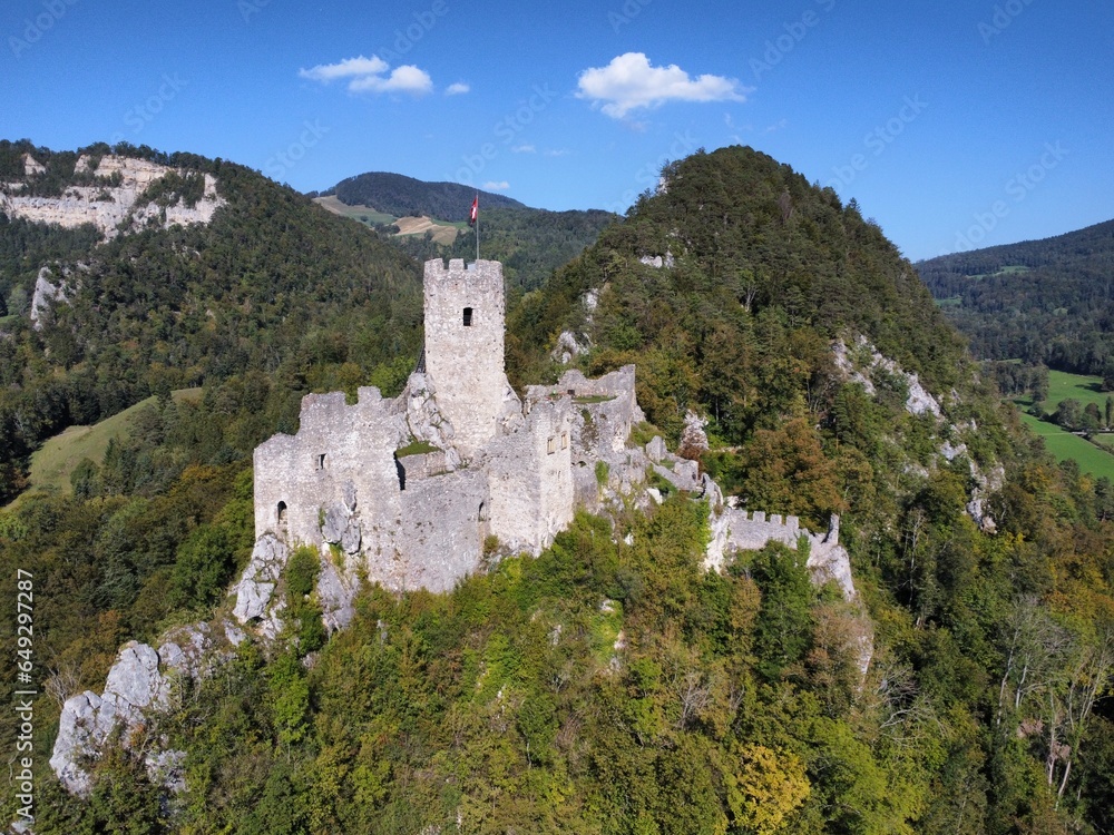 Ruins of the medieval castle Neu-Falkenstein, canton of Solothurn, Switzerland, aerial view