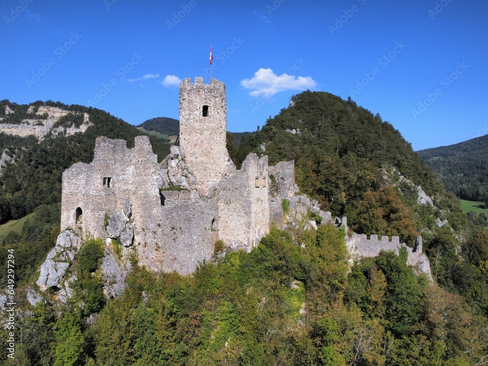 Ruins of the medieval castle Neu-Falkenstein, canton of Solothurn, Switzerland, aerial view Ruins of the medieval castle Neu-Falkenstein, canton of Solothurn, Switzerland, aerial view